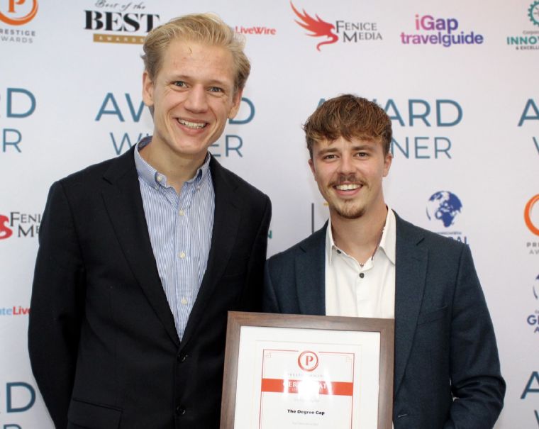 Harry and Joe, co-founders of The Degree Gap, with the GCSE Specialists of the Year award